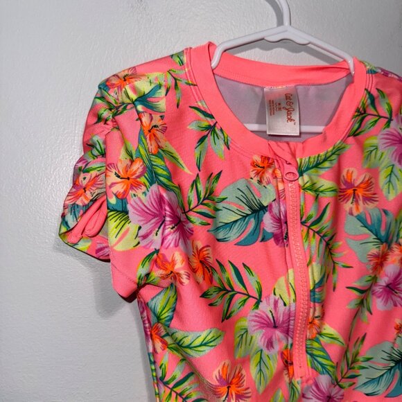 Bright Tropical Floral Zip-Up Rash Guard Swimsuit One-Piece Girls M - Picture 3 of 5